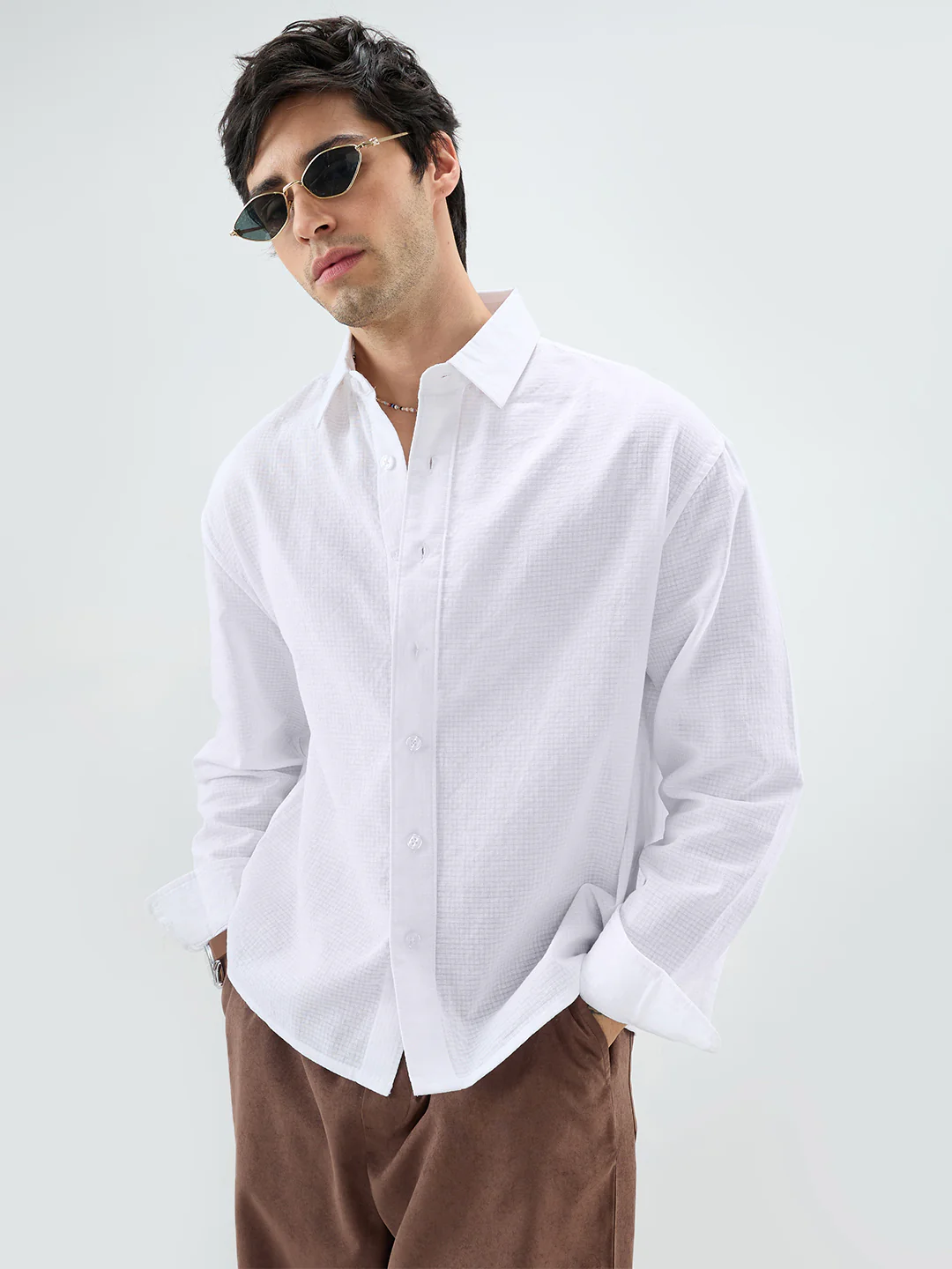 Cloud White Sheer Fine Weave Boxy Fit Crop Shirt - Image 2
