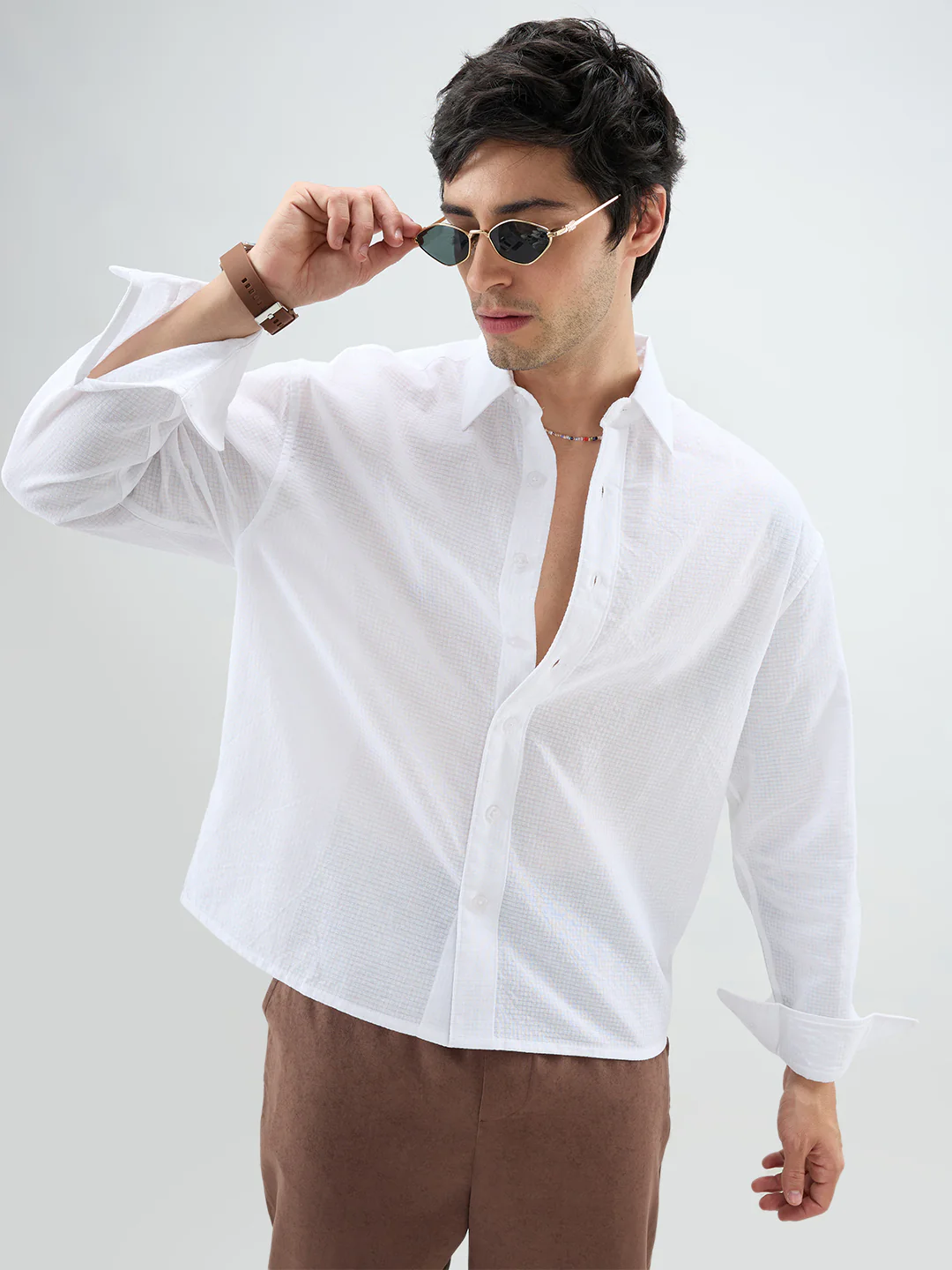 Cloud White Sheer Fine Weave Boxy Fit Crop Shirt - Image 4