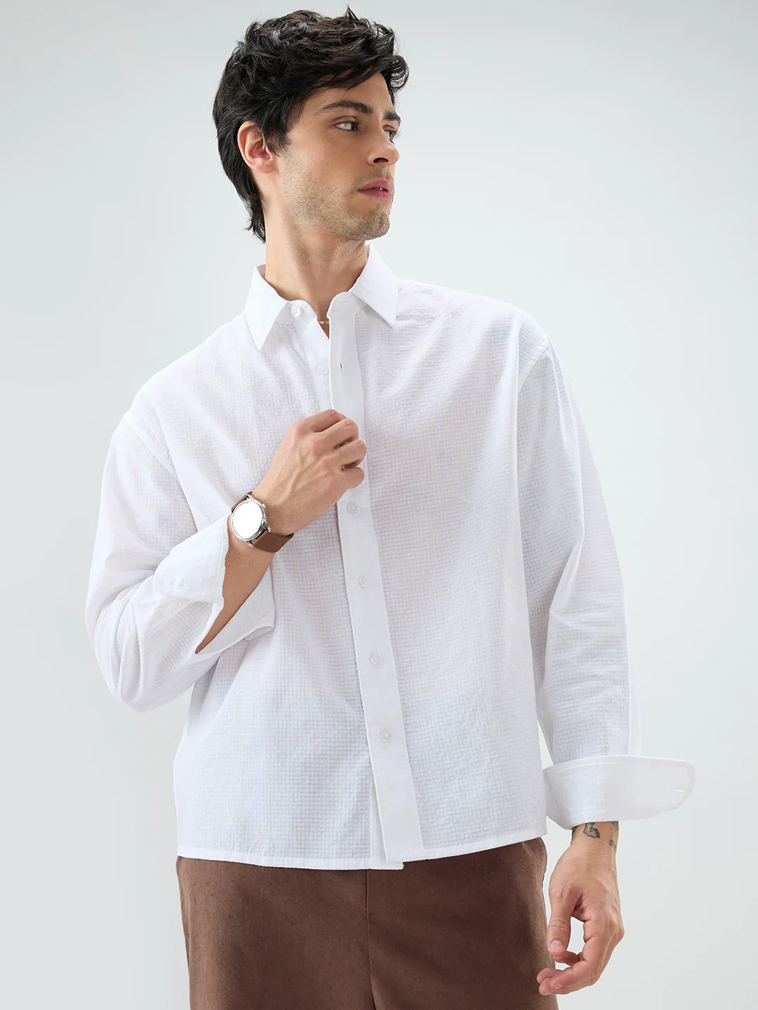 Cloud White Sheer Fine Weave Boxy Fit Crop Shirt - Image 5