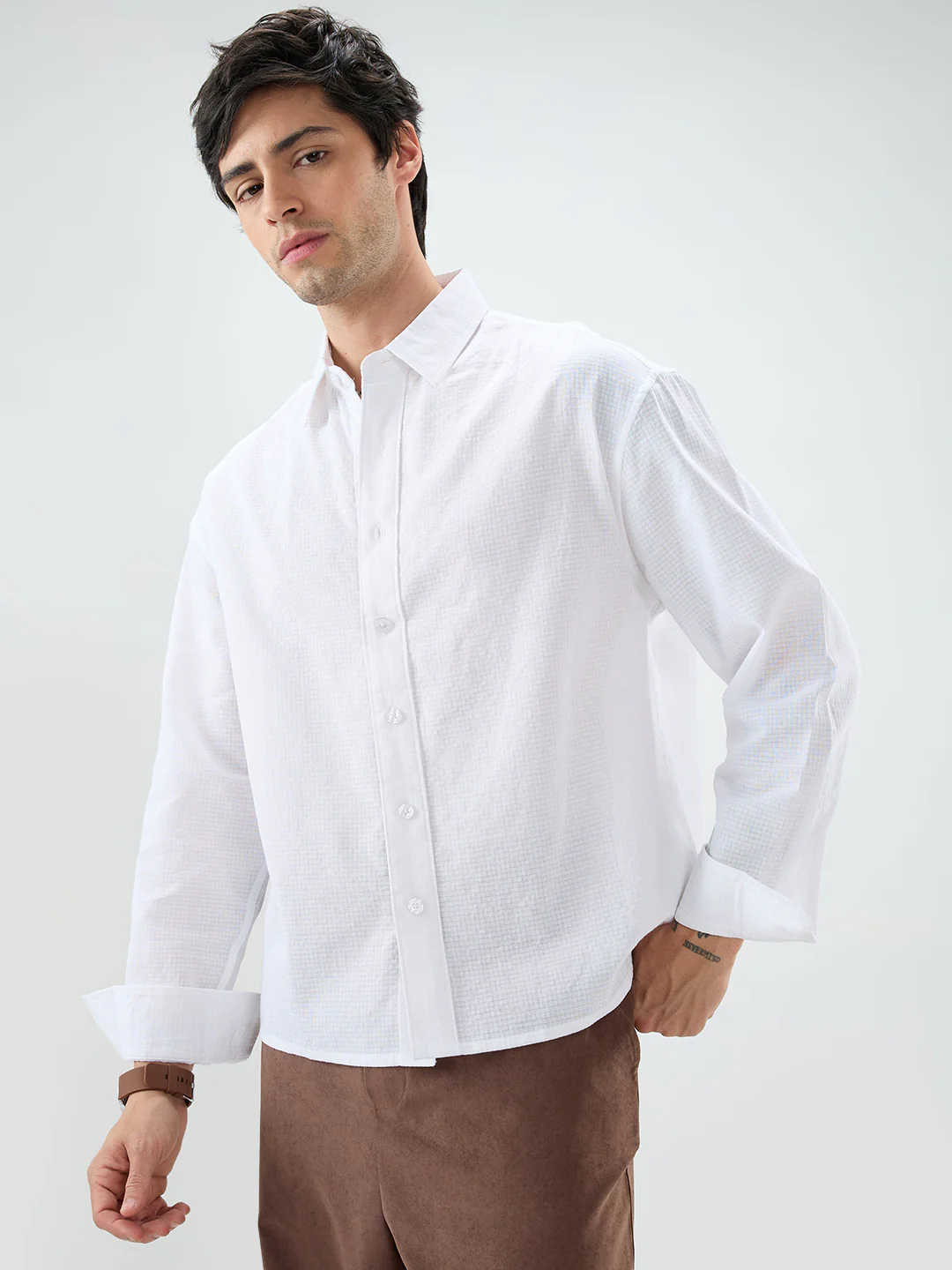 Cloud White Sheer Fine Weave Boxy Fit Crop Shirt - Image 6