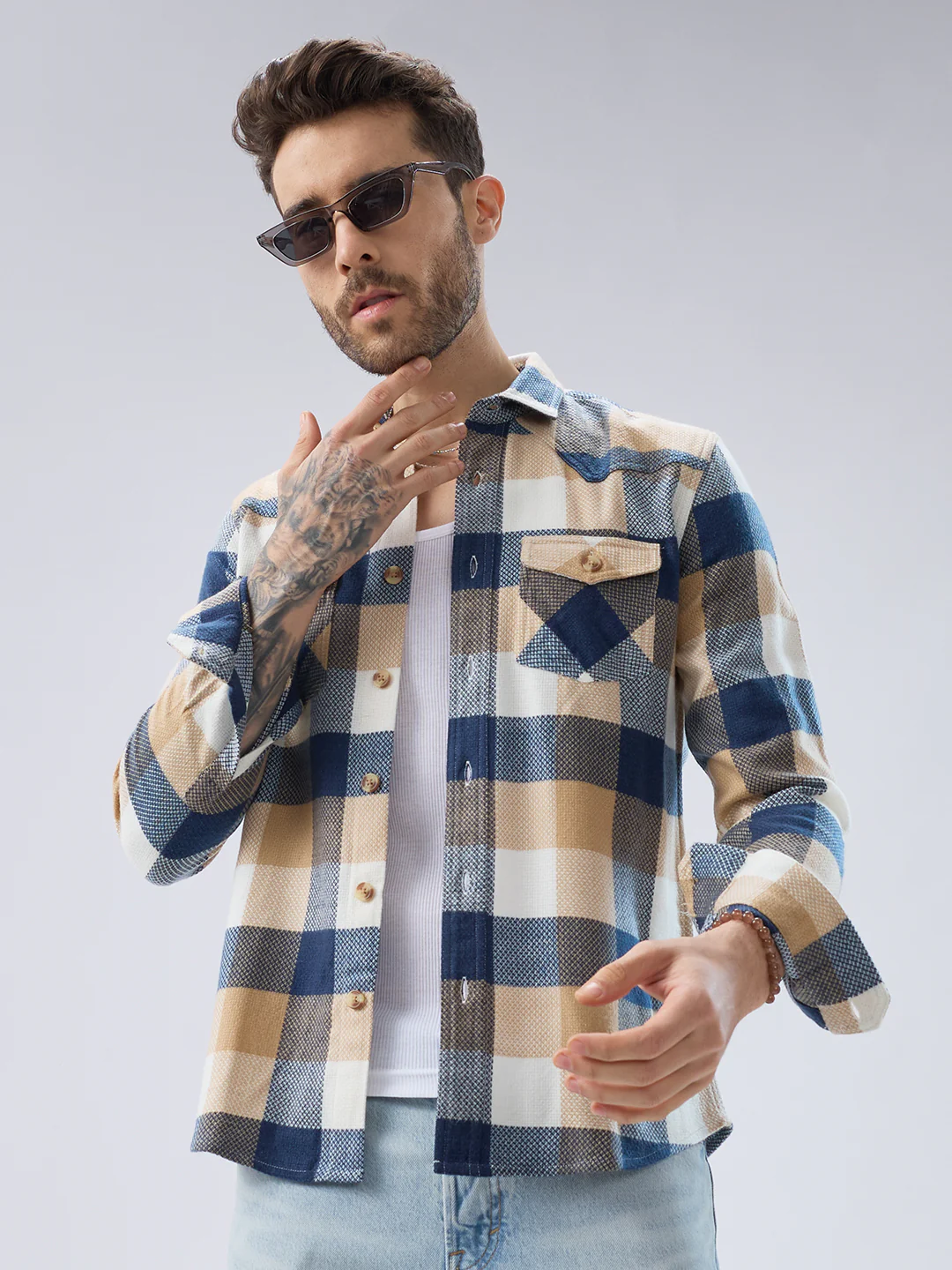 Coastal Breeze Beige Checks Flap Pockets Flannel Shirt - Image 2