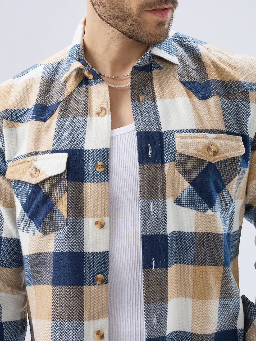Coastal Breeze Beige Checks Flap Pockets Flannel Shirt - Image 3