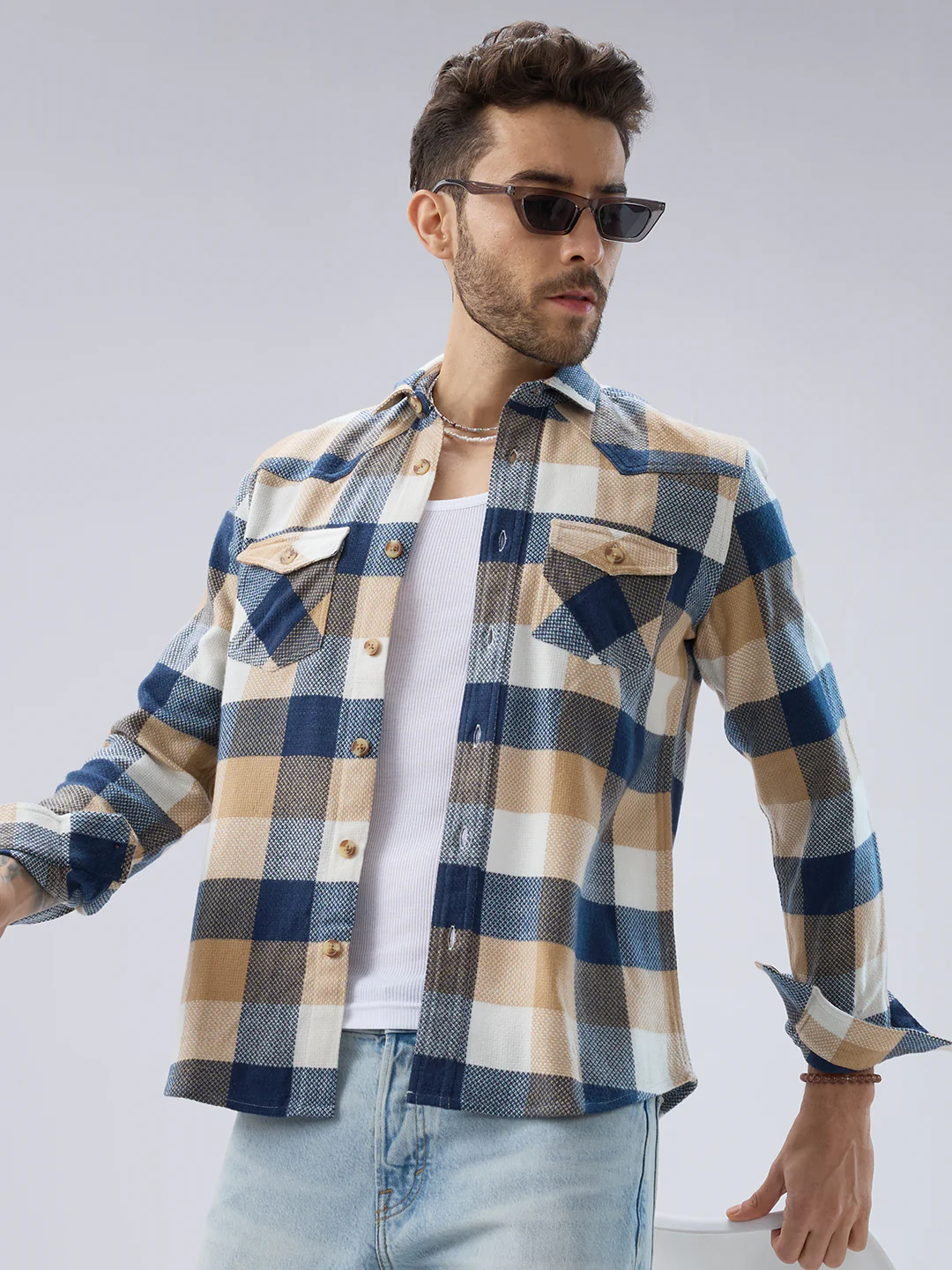 Coastal Breeze Beige Checks Flap Pockets Flannel Shirt - Image 4