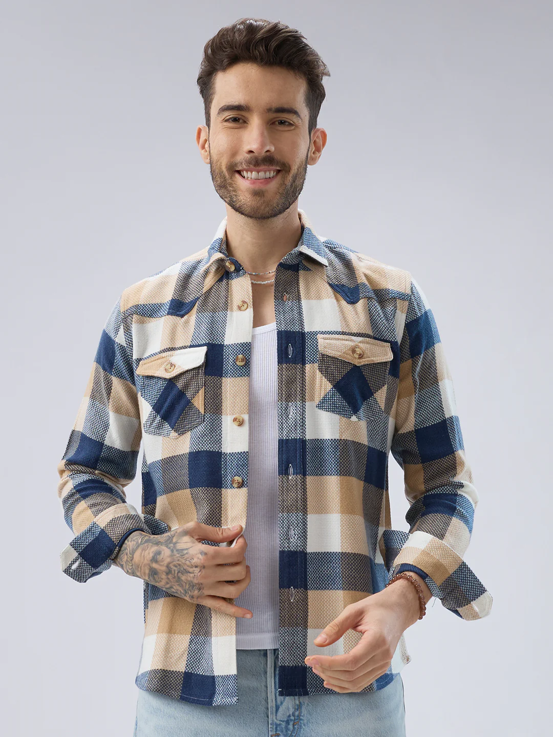 Coastal Breeze Beige Checks Flap Pockets Flannel Shirt - Image 5