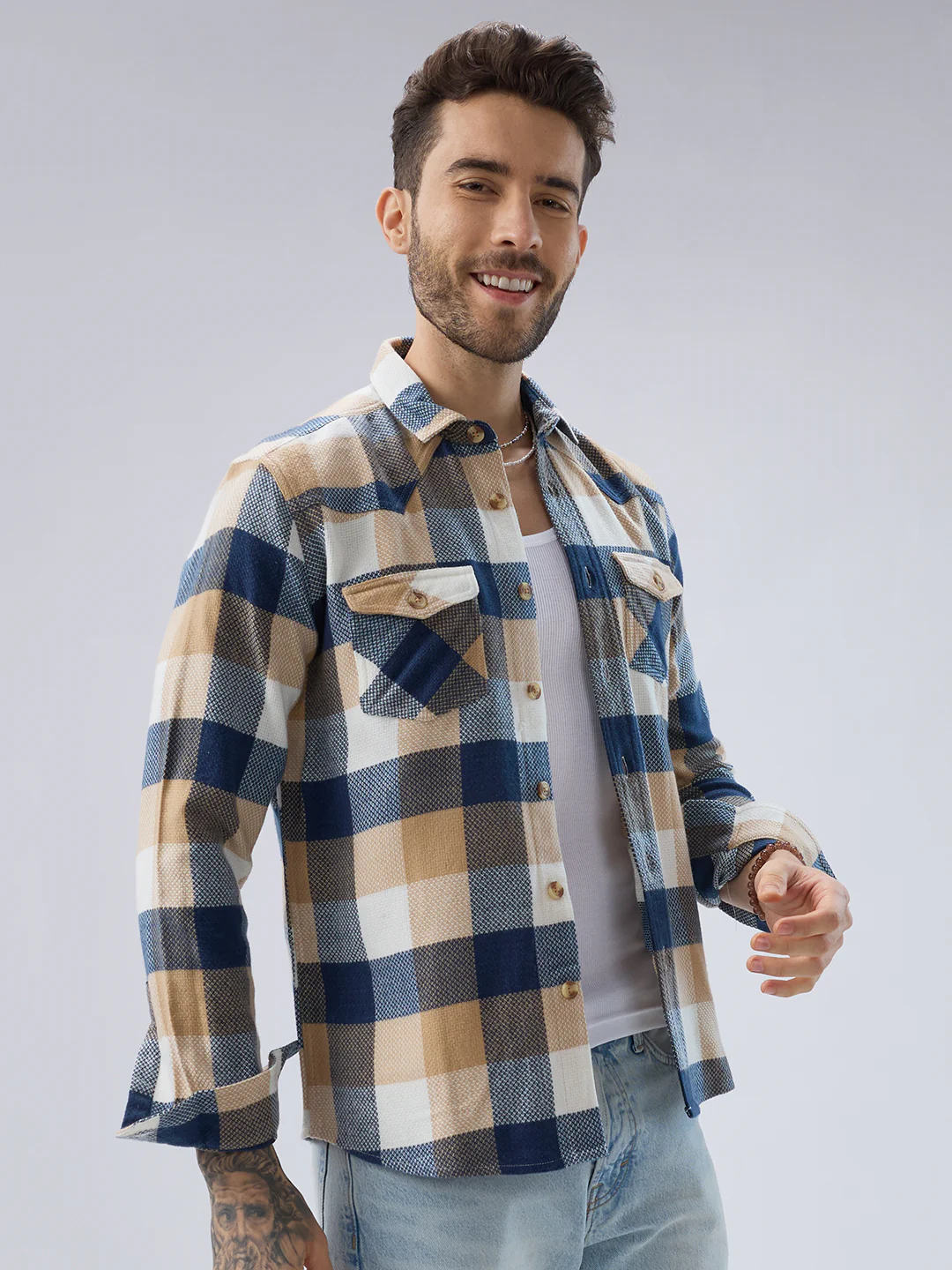 Coastal Breeze Beige Checks Flap Pockets Flannel Shirt - Image 6
