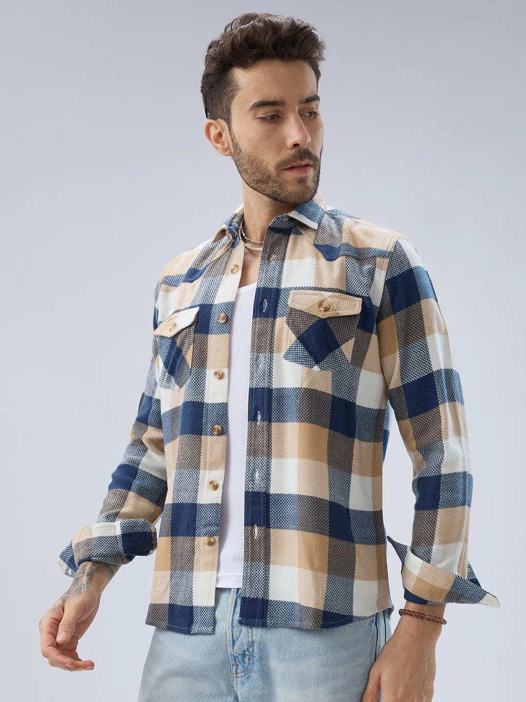 Coastal Breeze Beige Checks Flap Pockets Flannel Shirt - Image 7
