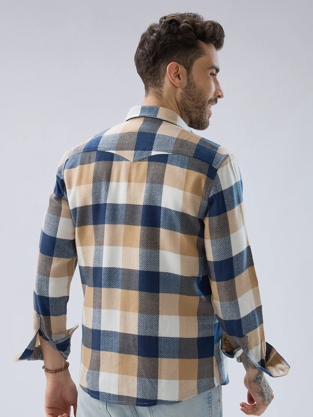 Coastal Breeze Beige Checks Flap Pockets Flannel Shirt - Image 8