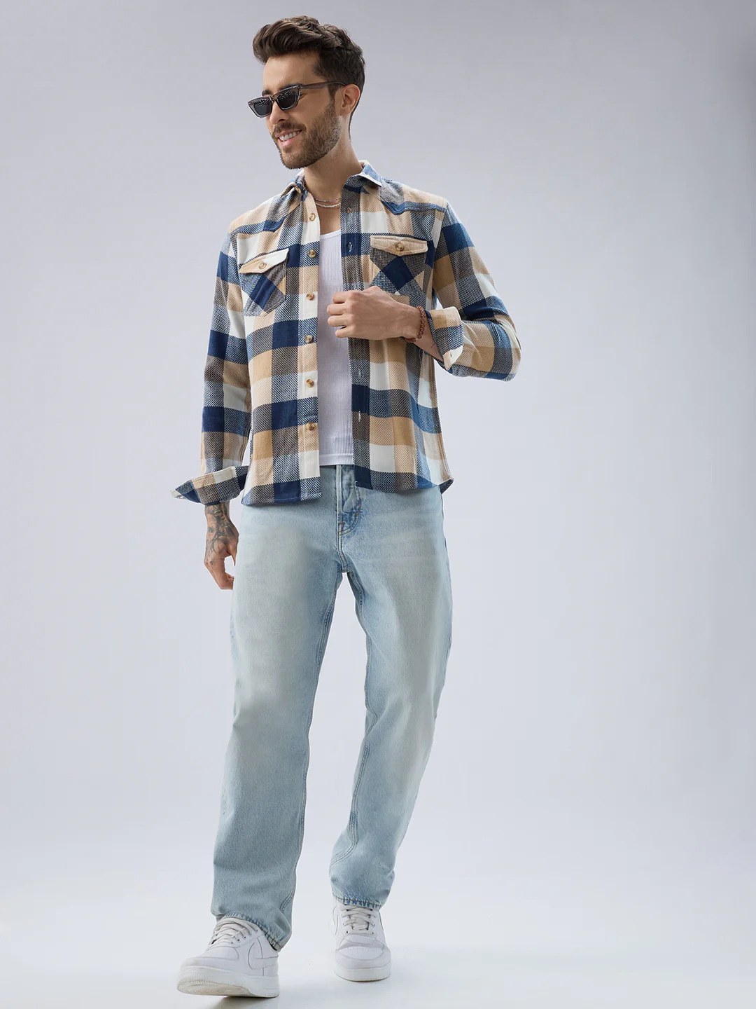 Coastal Breeze Beige Checks Flap Pockets Flannel Shirt - Image 9