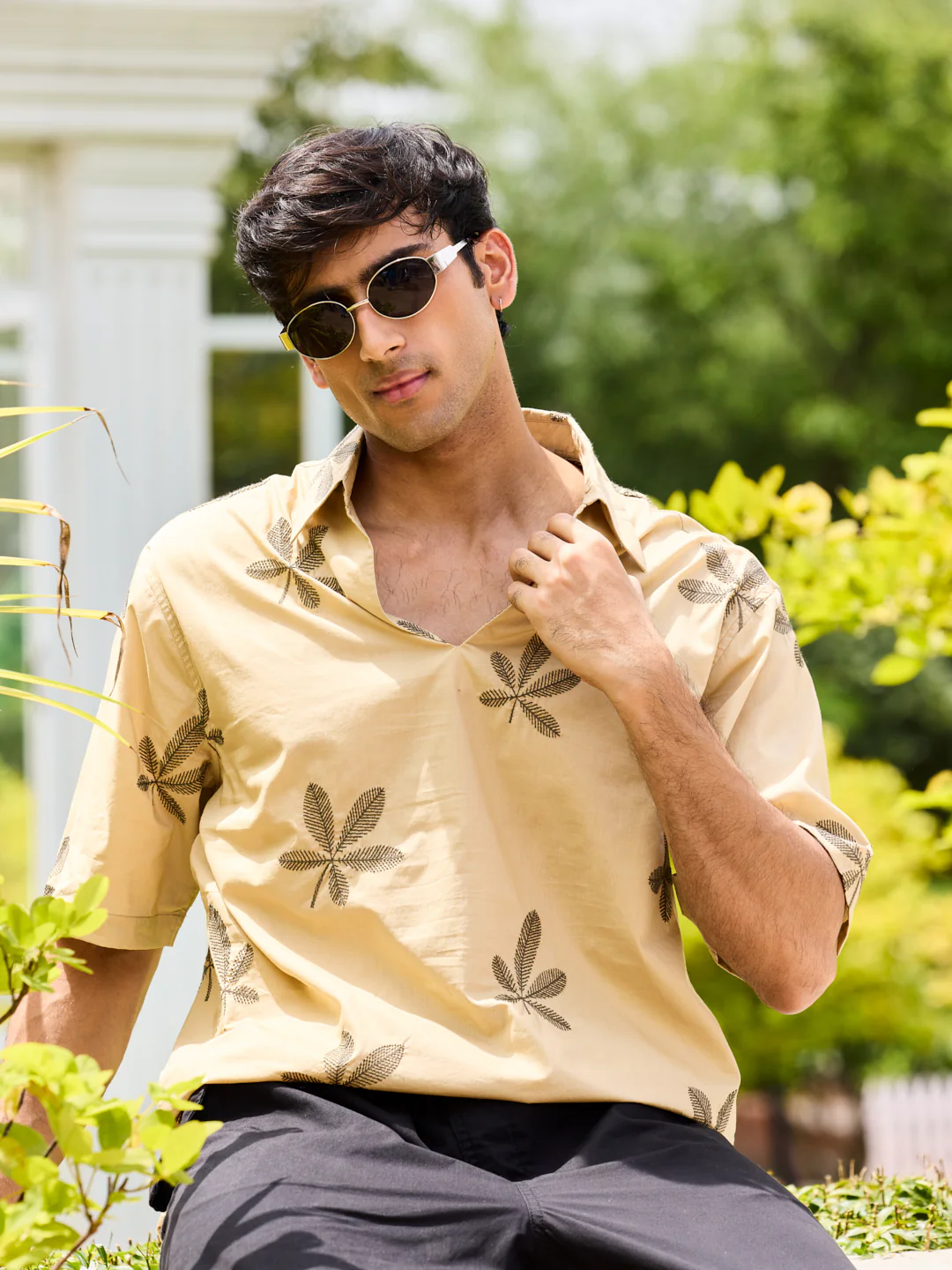 Coastal Breeze Palm Leaf Embroidered Khaki Oversized Polo Shirt - Image 2