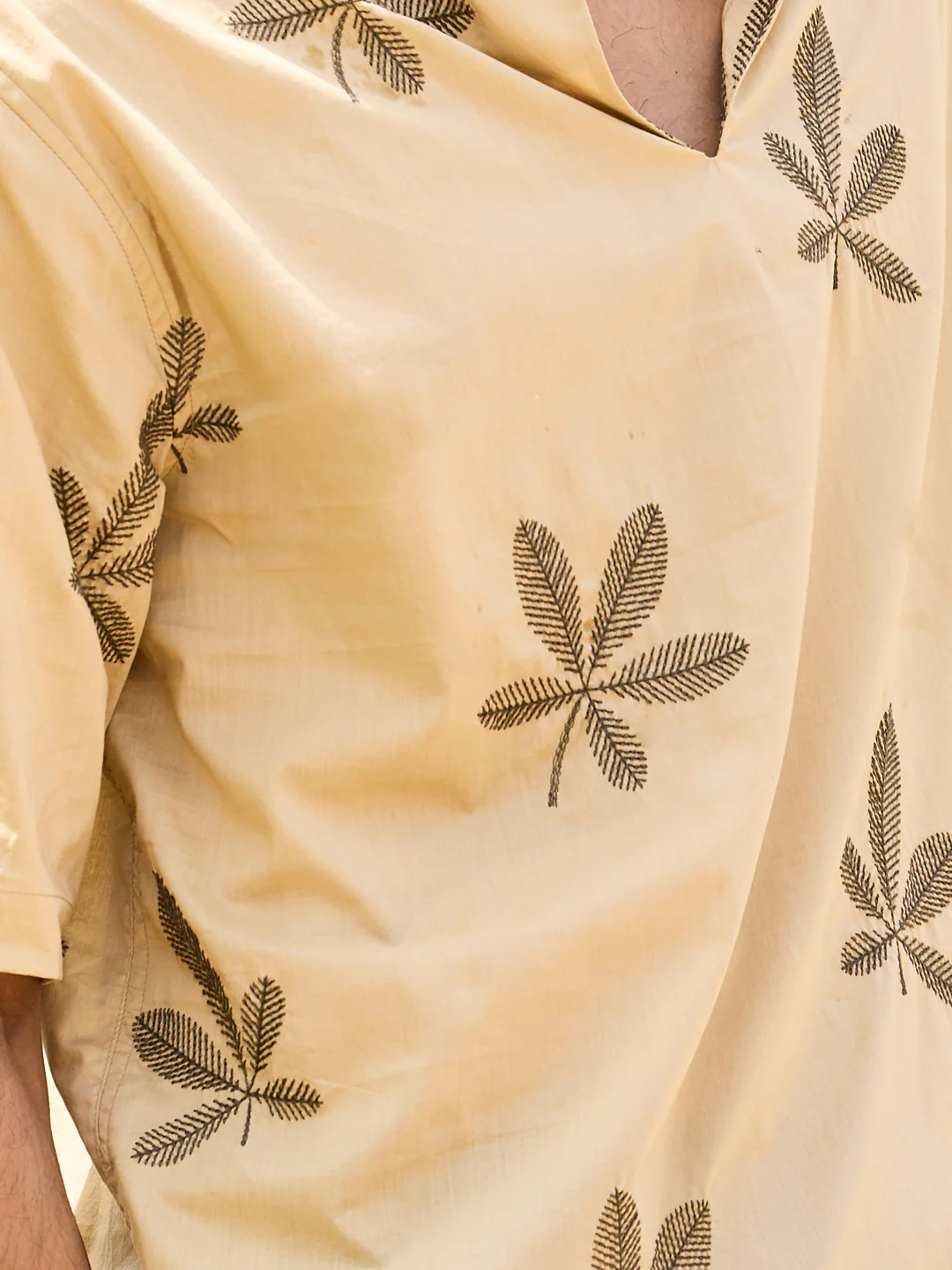 Coastal Breeze Palm Leaf Embroidered Khaki Oversized Polo Shirt - Image 3