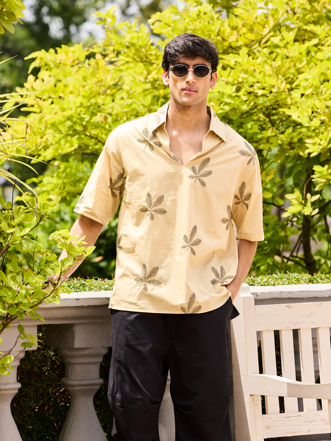 Coastal Breeze Palm Leaf Embroidered Khaki Oversized Polo Shirt - Image 4