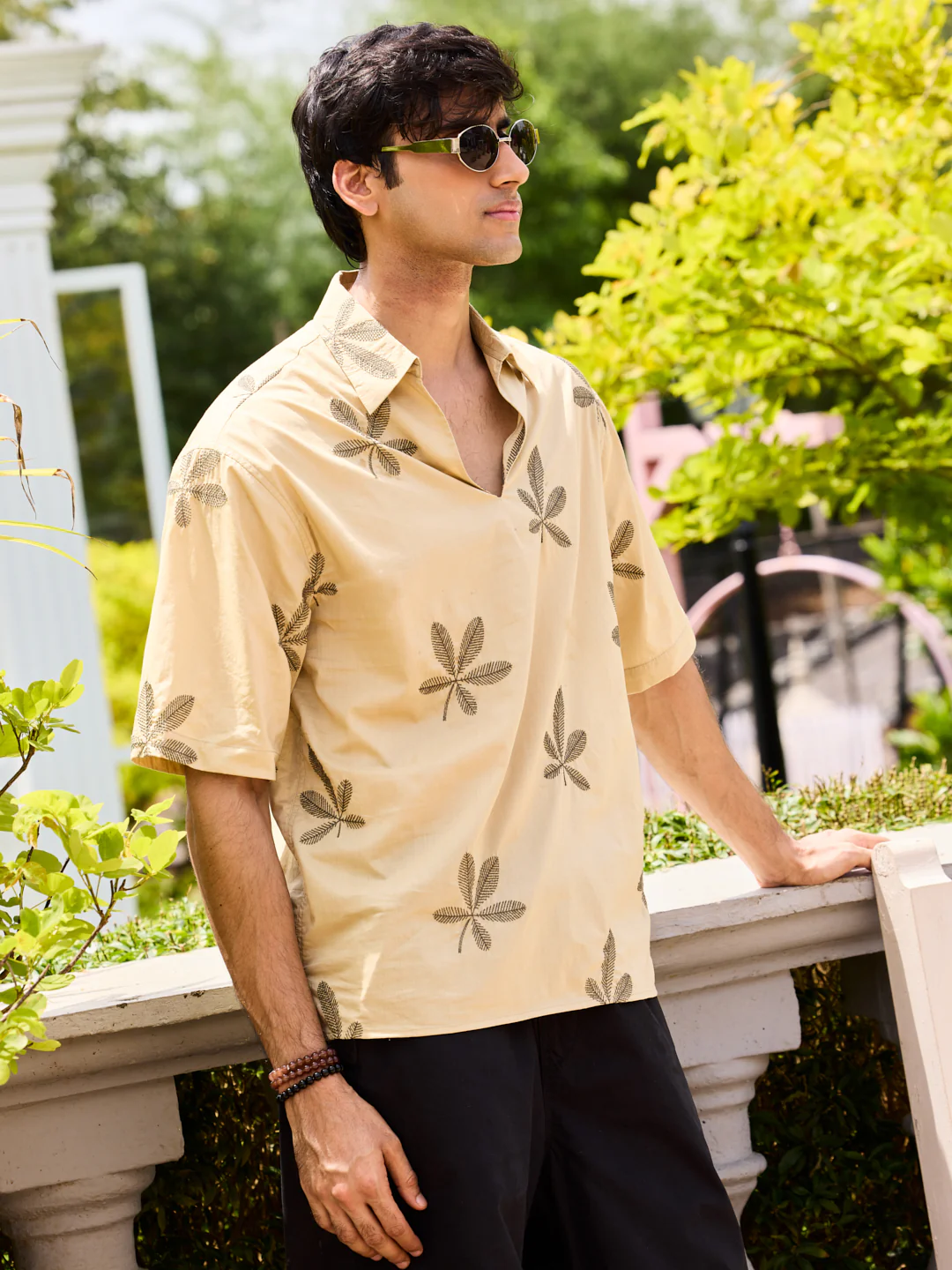 Coastal Breeze Palm Leaf Embroidered Khaki Oversized Polo Shirt - Image 6