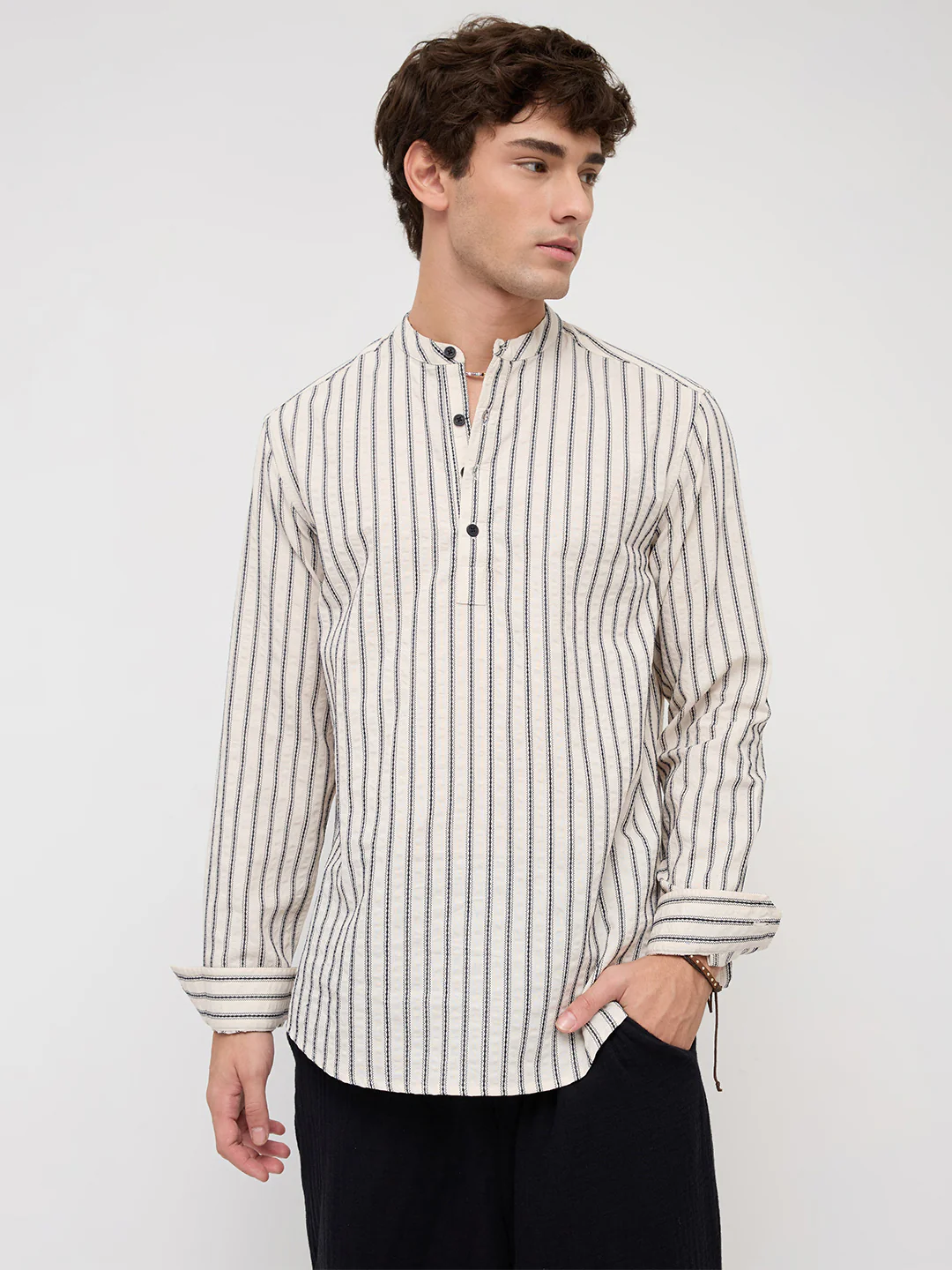 Coastal Ivory Motif Striped Seersucker Embroidered Kurta - Image 5