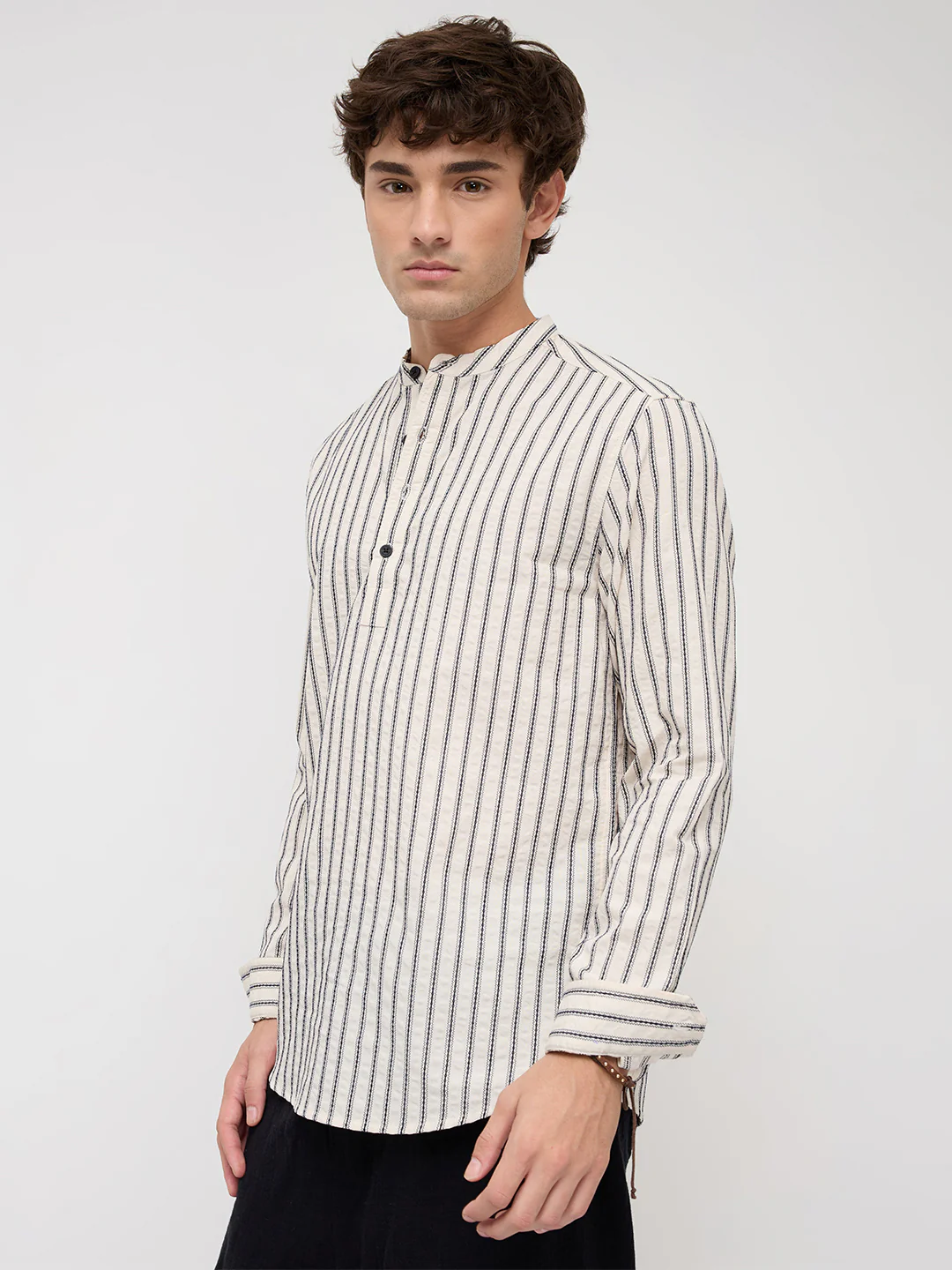 Coastal Ivory Motif Striped Seersucker Embroidered Kurta - Image 6