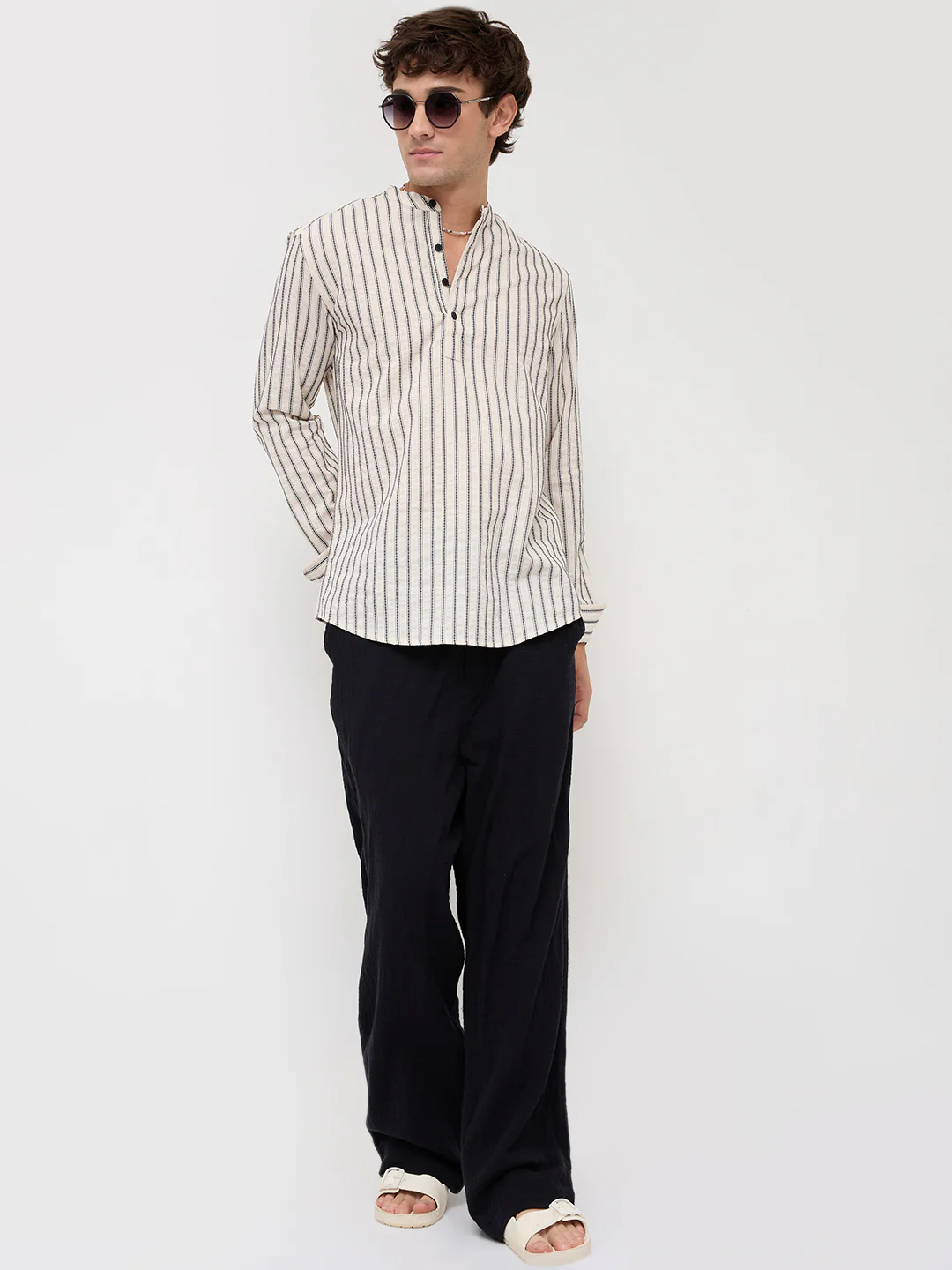 Coastal Ivory Motif Striped Seersucker Embroidered Kurta - Image 8
