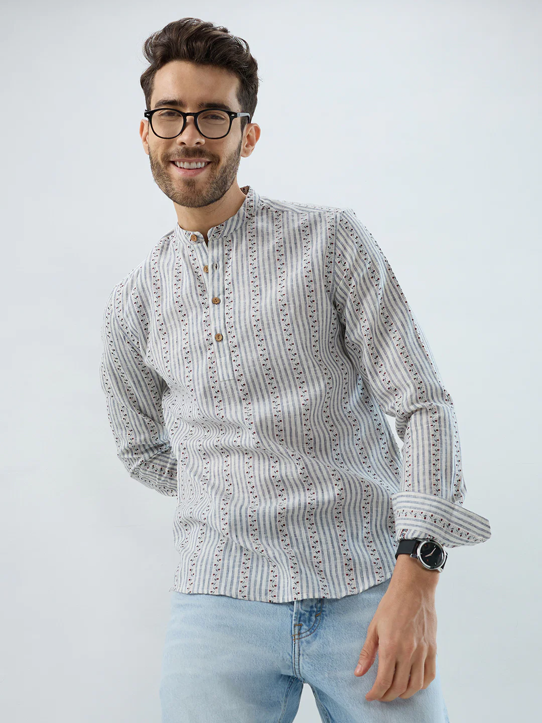 Coastal Mist Linen Blend Striped Kurta - Image 2