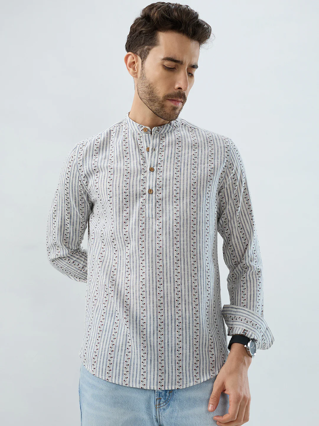 Coastal Mist Linen Blend Striped Kurta - Image 4