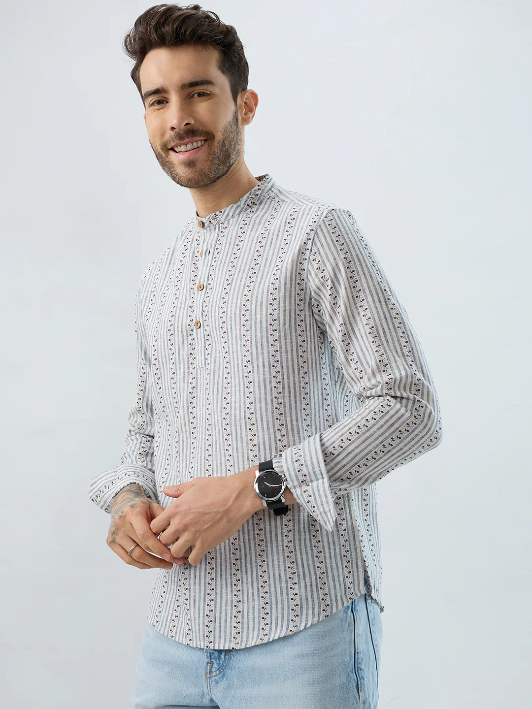 Coastal Mist Linen Blend Striped Kurta - Image 6