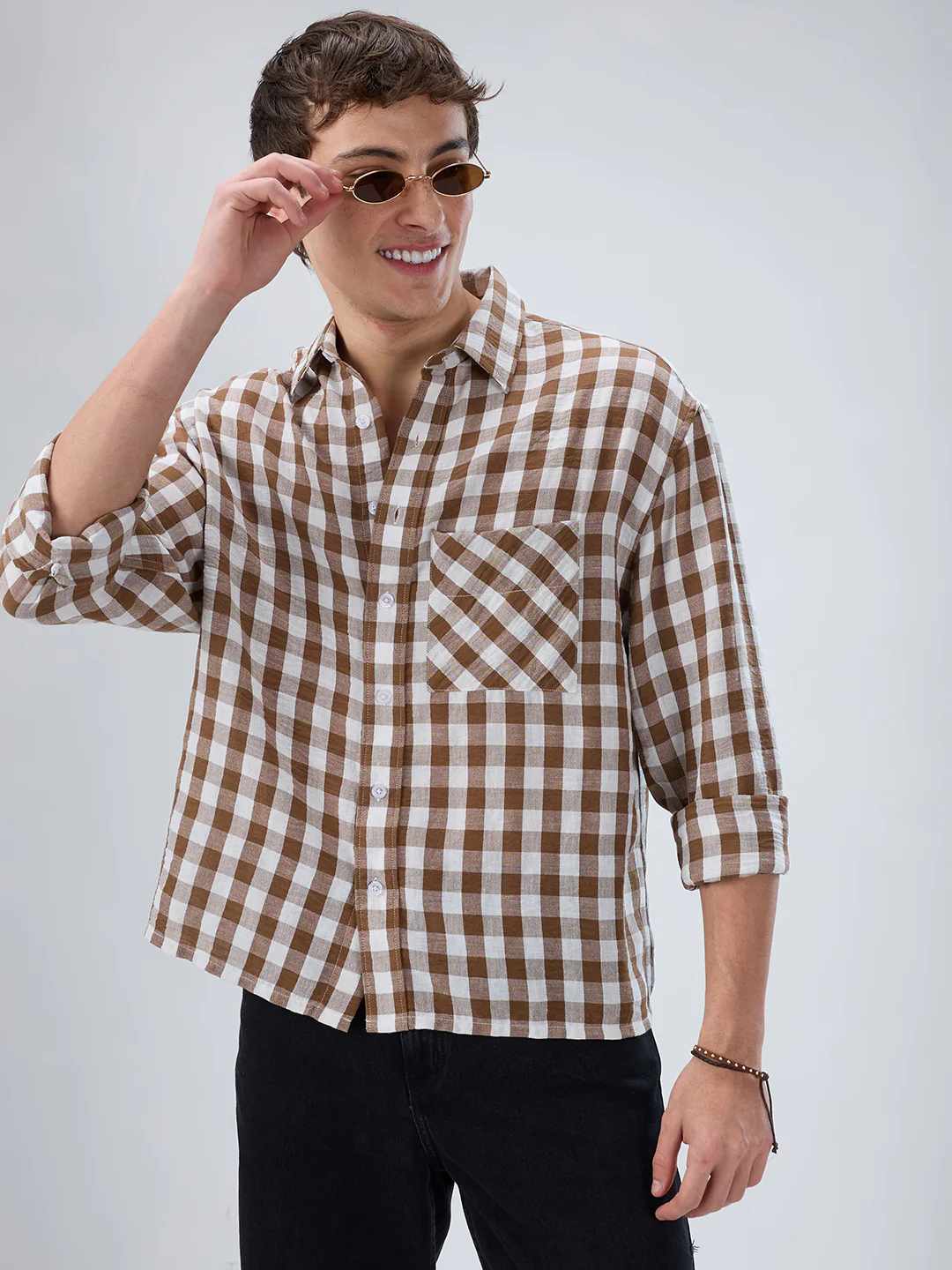 Cocoa Brown & White Ghingam Checks Boxy Fit Crop Shirt - Image 2