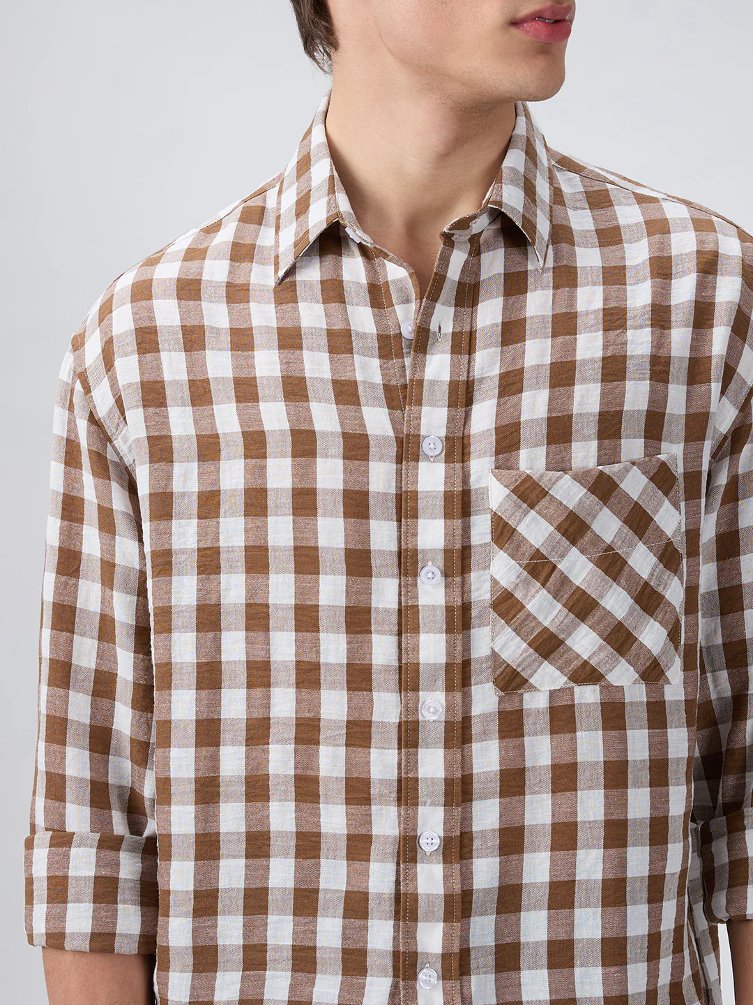 Cocoa Brown & White Ghingam Checks Boxy Fit Crop Shirt - Image 3