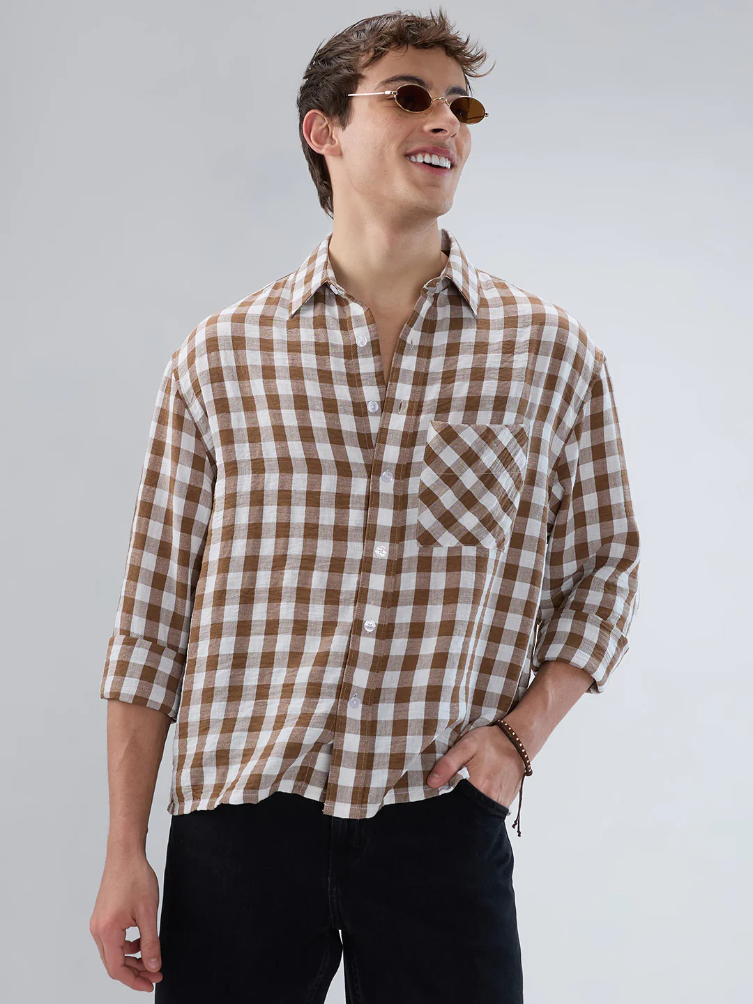 Cocoa Brown & White Ghingam Checks Boxy Fit Crop Shirt - Image 4