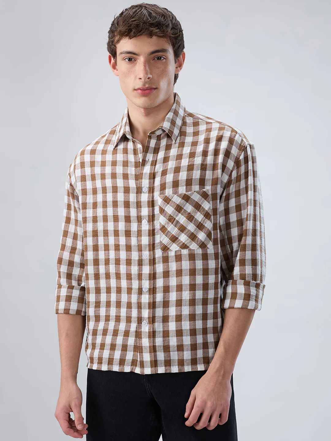 Cocoa Brown & White Ghingam Checks Boxy Fit Crop Shirt - Image 5