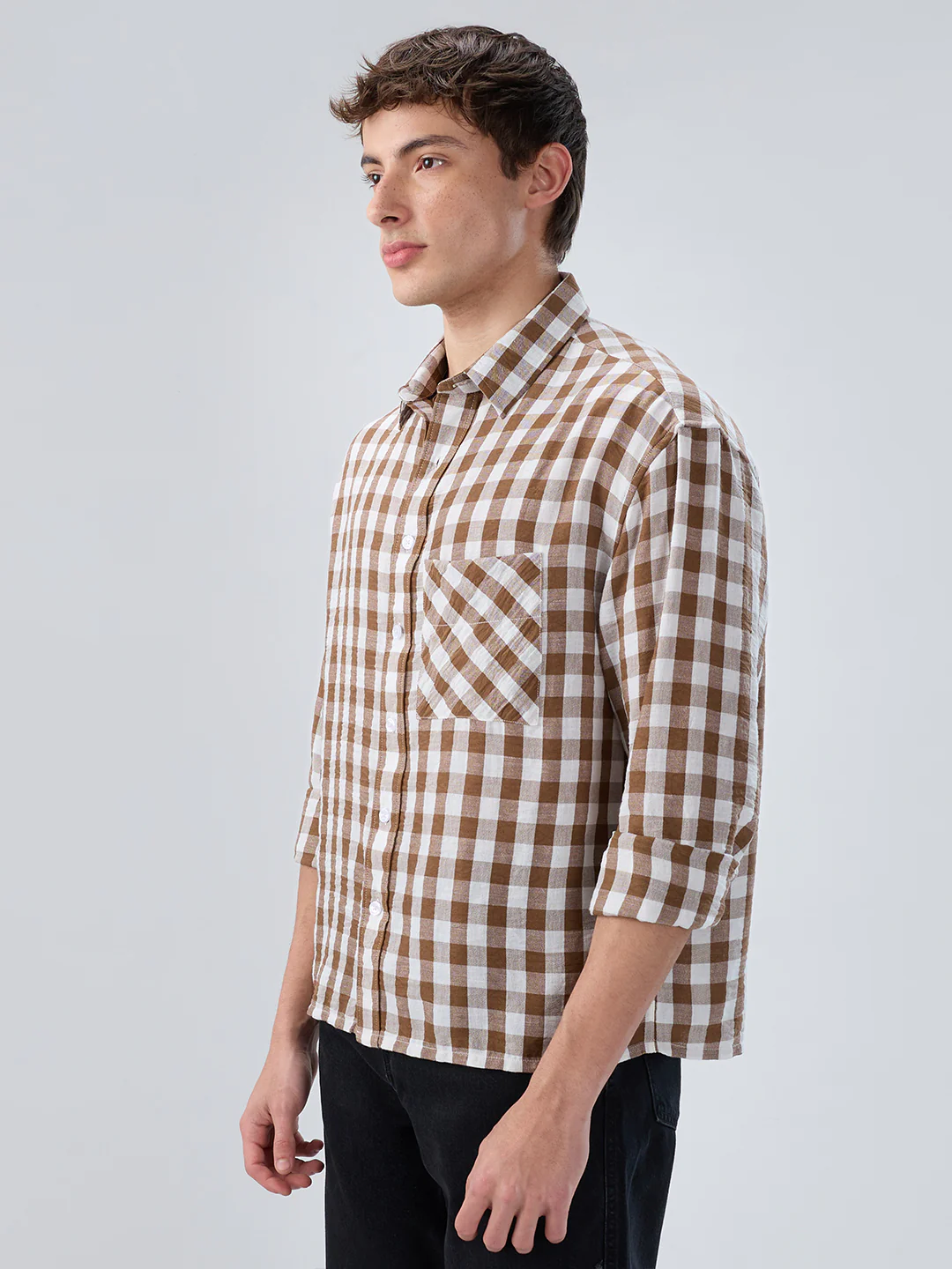 Cocoa Brown & White Ghingam Checks Boxy Fit Crop Shirt - Image 6