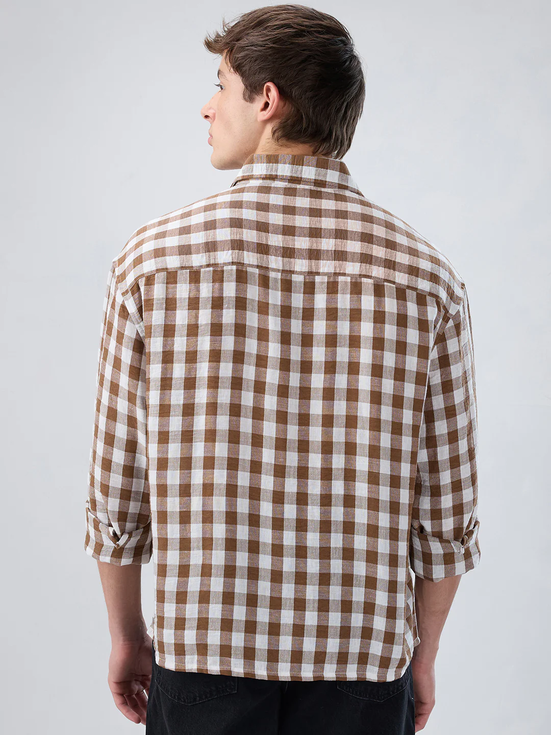 Cocoa Brown & White Ghingam Checks Boxy Fit Crop Shirt - Image 7