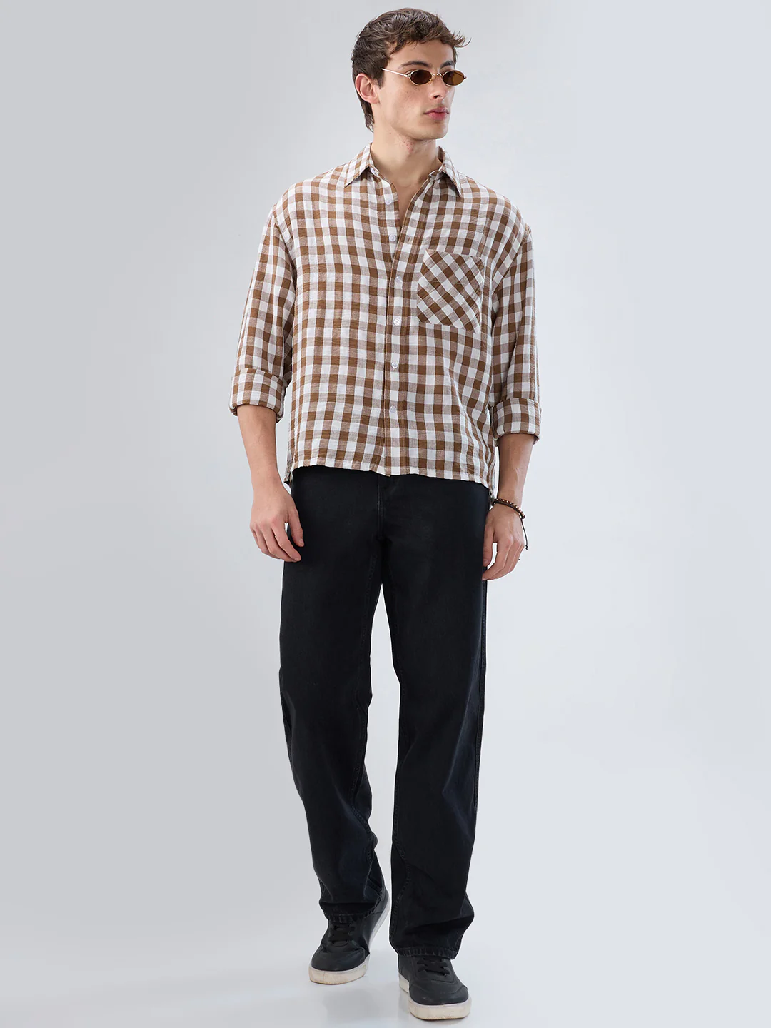 Cocoa Brown & White Ghingam Checks Boxy Fit Crop Shirt - Image 8