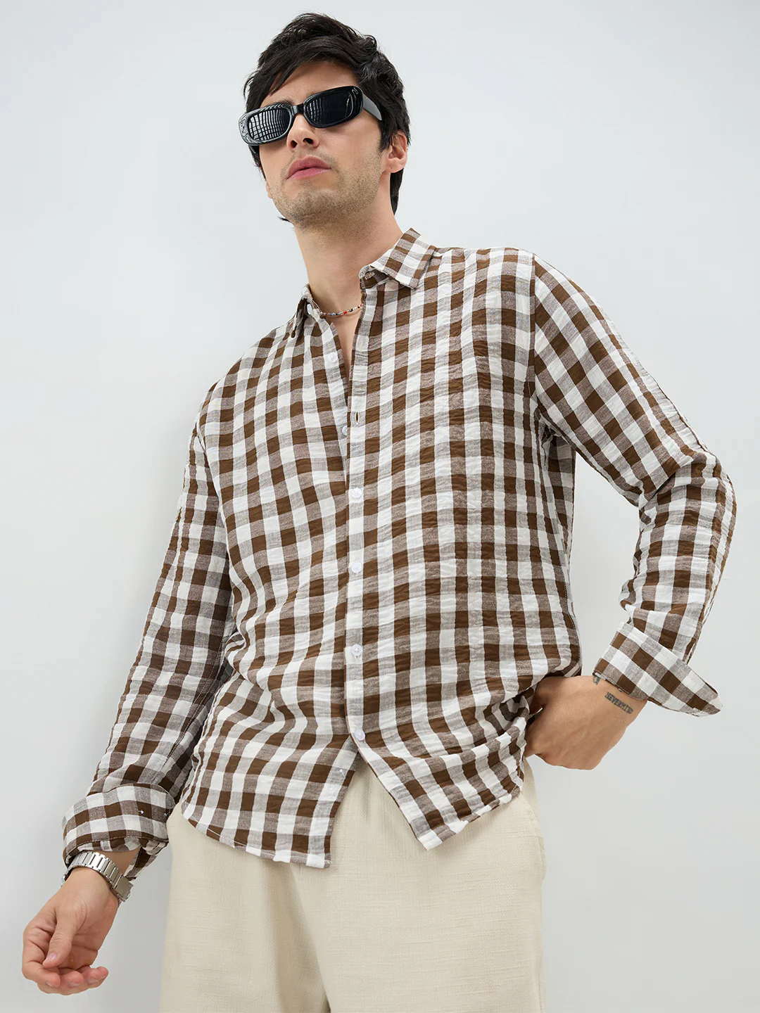 Cocoa Brown & White Gingham Checks Shirt - Image 2