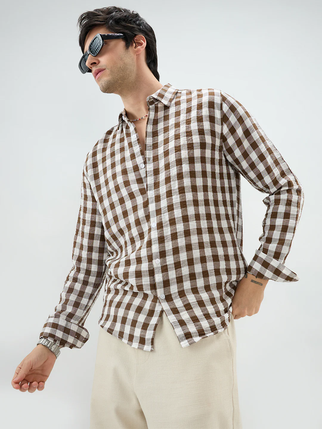 Cocoa Brown & White Gingham Checks Shirt - Image 4