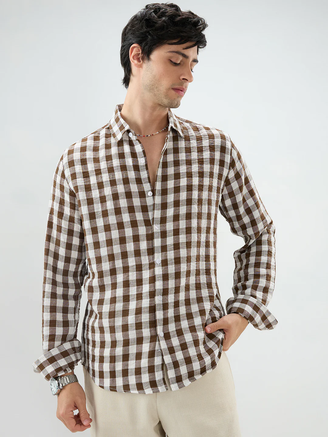 Cocoa Brown & White Gingham Checks Shirt - Image 5