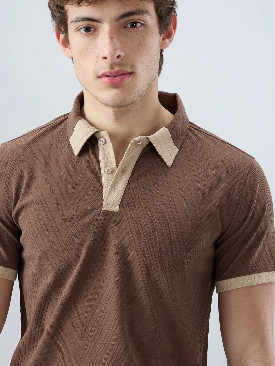 Coffee Brown Contrast Polo Neck Knit T-shirt - Image 3