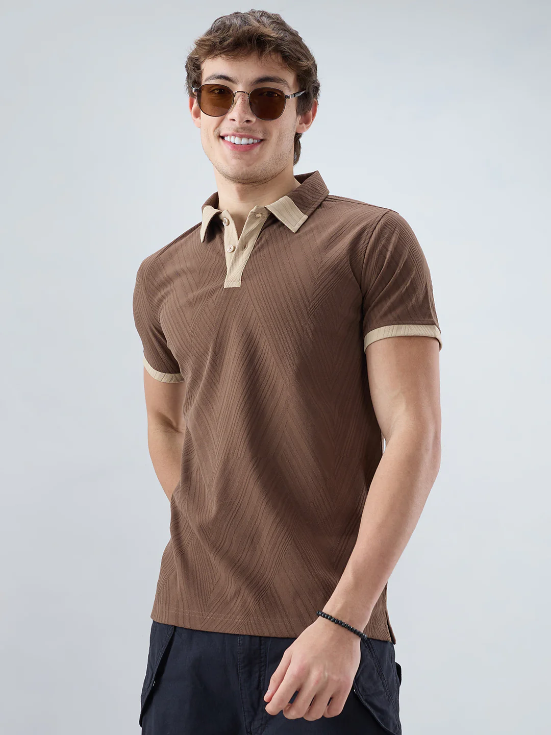 Coffee Brown Contrast Polo Neck Knit T-shirt - Image 4