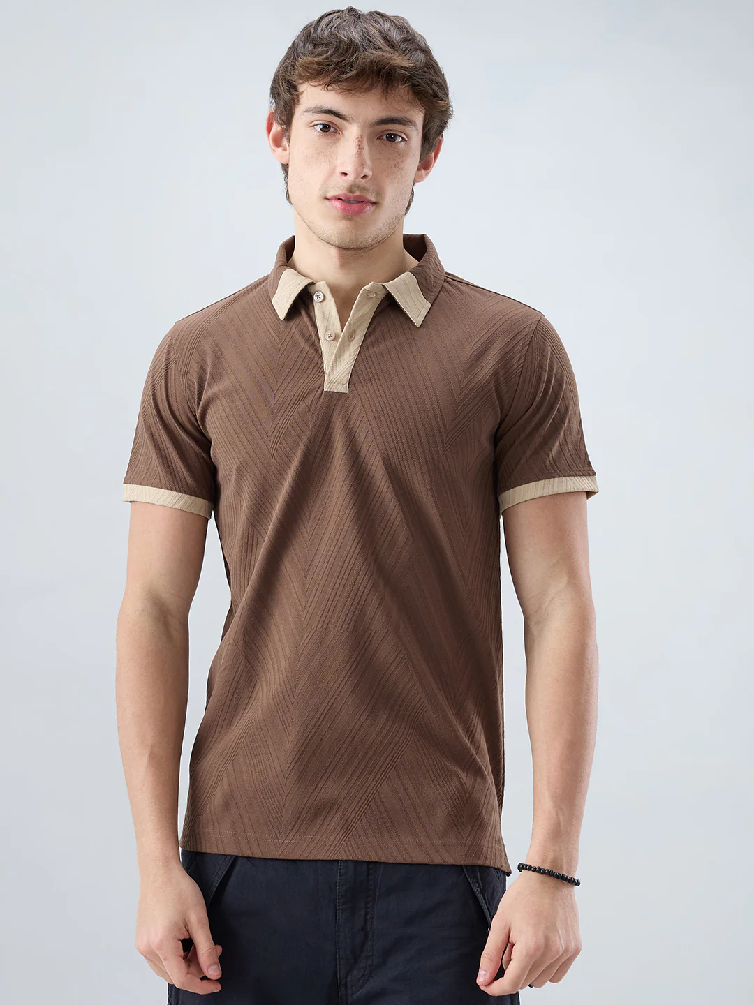Coffee Brown Contrast Polo Neck Knit T-shirt - Image 5