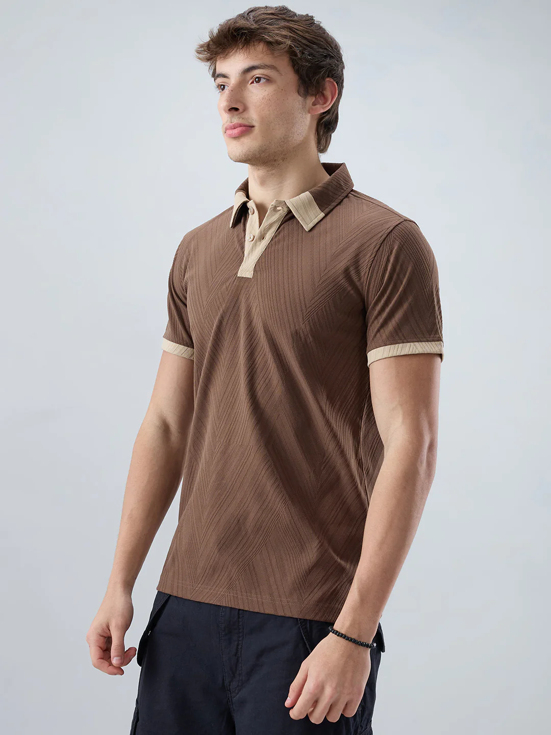 Coffee Brown Contrast Polo Neck Knit T-shirt - Image 6