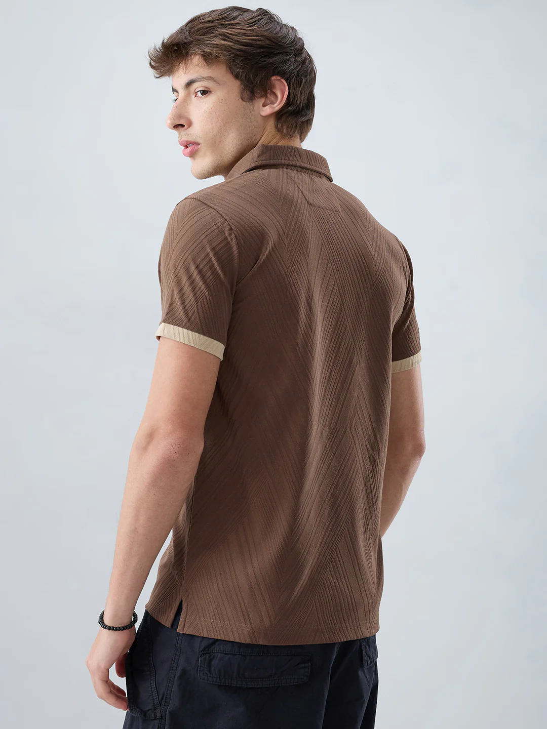 Coffee Brown Contrast Polo Neck Knit T-shirt - Image 7