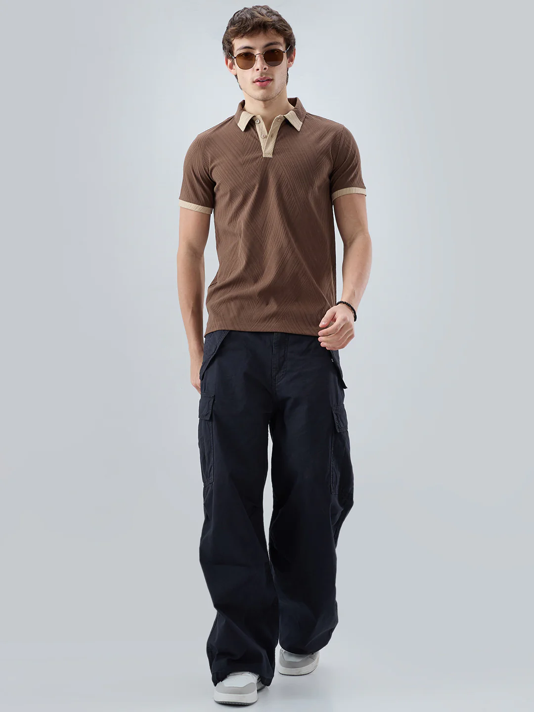 Coffee Brown Contrast Polo Neck Knit T-shirt - Image 8