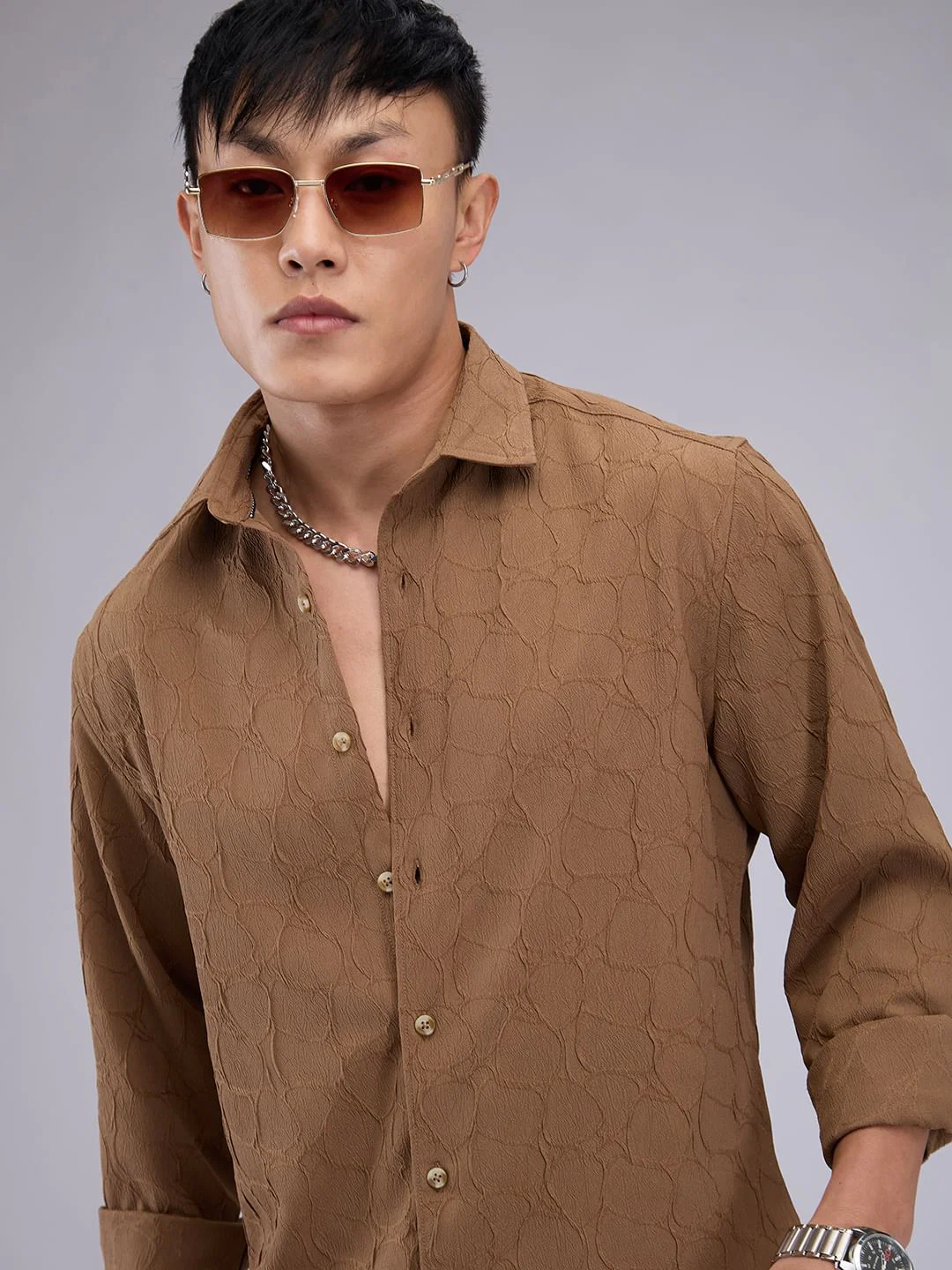 Coffee Brown Crumpled Textured Shirt - Image 2