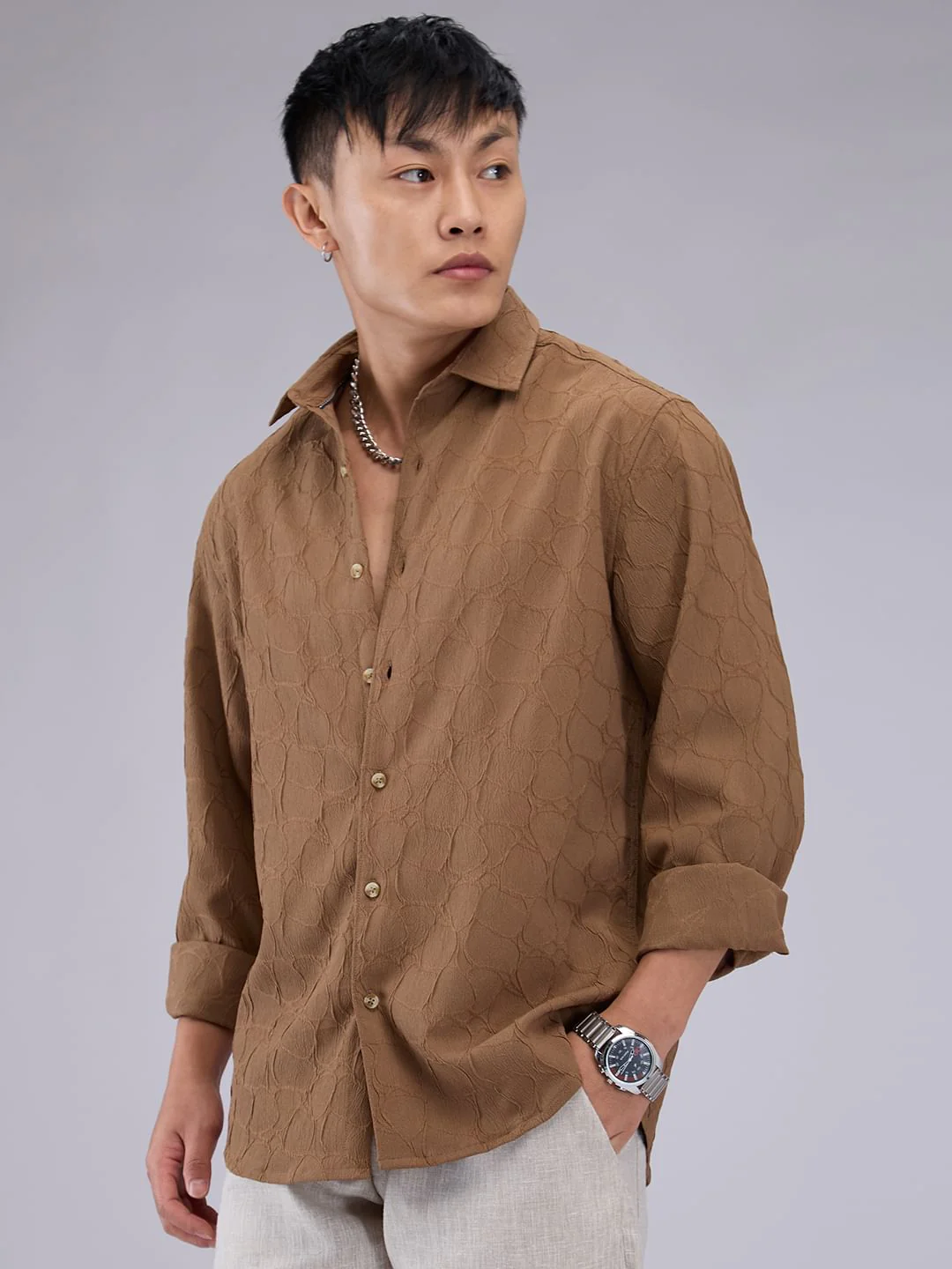 Coffee Brown Crumpled Textured Shirt - Image 5
