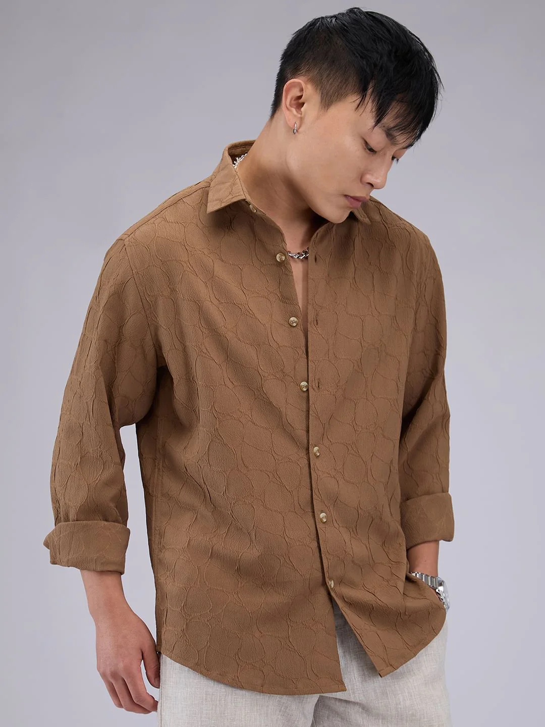 Coffee Brown Crumpled Textured Shirt - Image 6