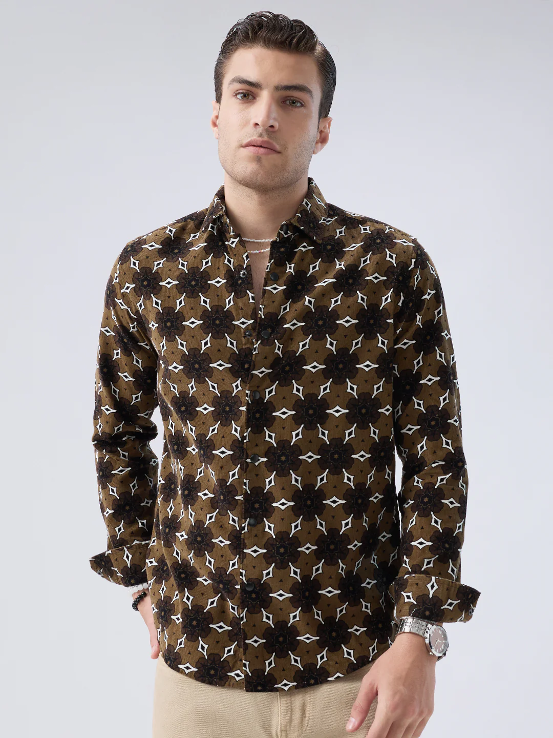 Coffee Brown Floral Bloom Corduroy Shirt - Image 4