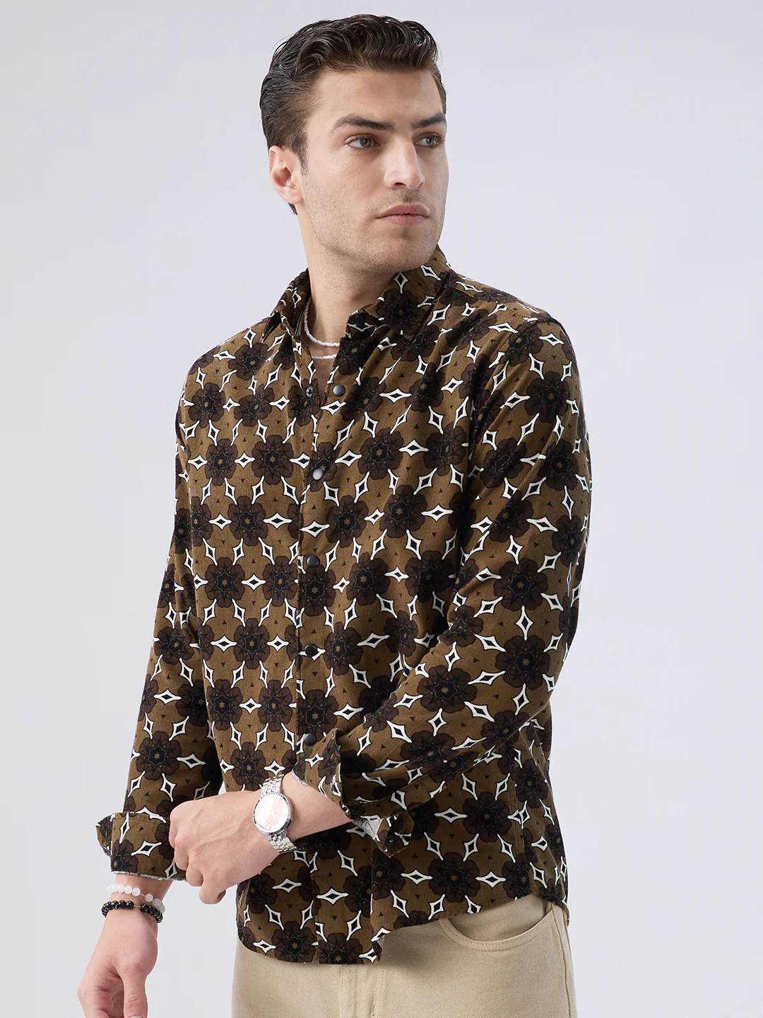 Coffee Brown Floral Bloom Corduroy Shirt - Image 6