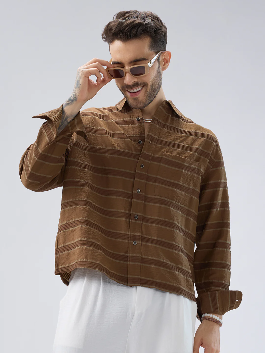 Coffee Brown Textured Boxy Fit Crop Shirt - Image 2