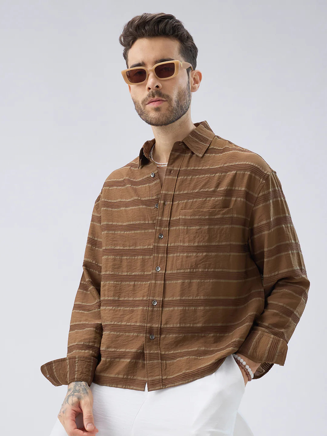 Coffee Brown Textured Boxy Fit Crop Shirt - Image 4