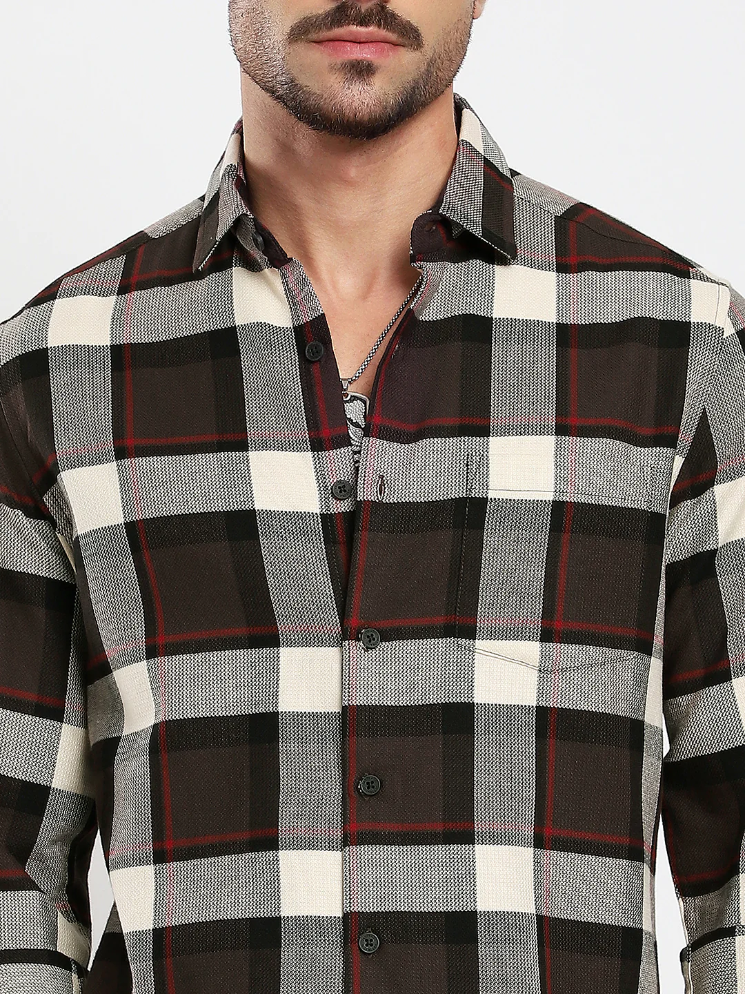 Premium Cotton Coffee Brown & White Plaid Checks Shirt - Image 3
