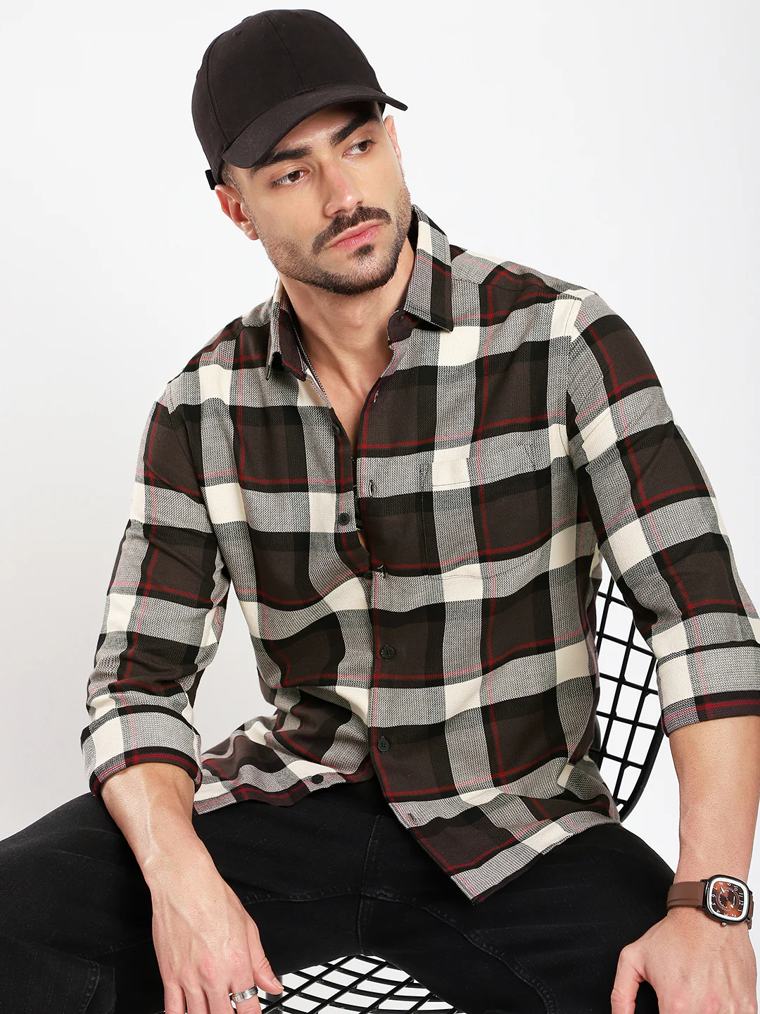 Premium Cotton Coffee Brown & White Plaid Checks Shirt - Image 4