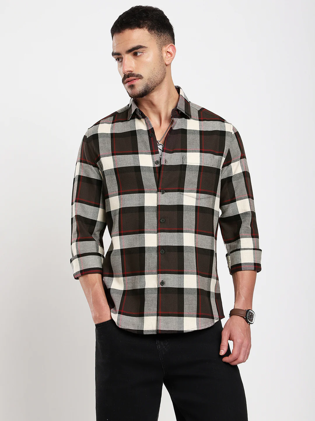 Premium Cotton Coffee Brown & White Plaid Checks Shirt - Image 5