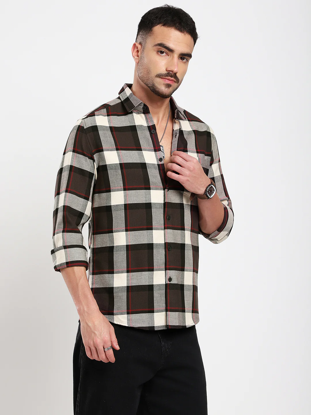 Premium Cotton Coffee Brown & White Plaid Checks Shirt - Image 6