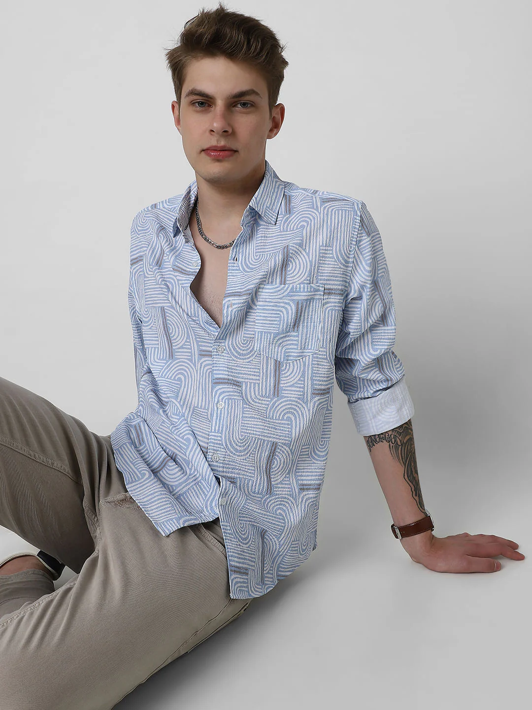 Columbia Blue Creased Monochrome Printed Shirt - Image 4